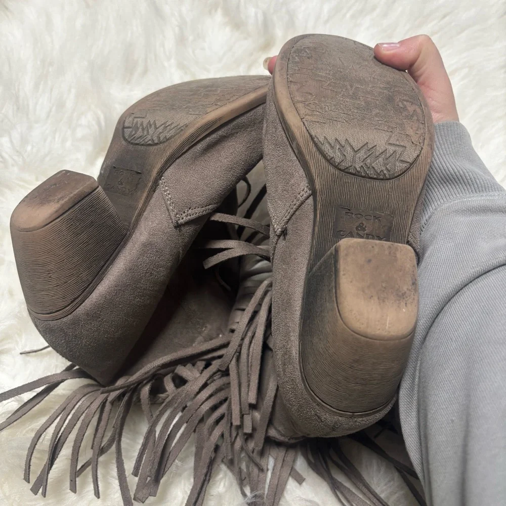 Rock and Candy Faux Leather Taupe Fringe Cowgirl Western Bootie size 4 Youth